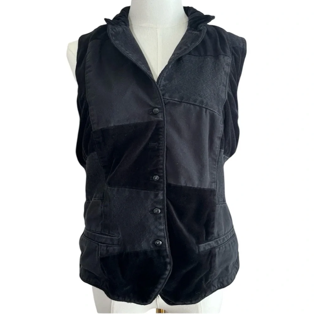 Vintage Ralph Lauren Black Denim Patchwork Velvet Velour Fitted Vest Size Large - Picture 1 of 6